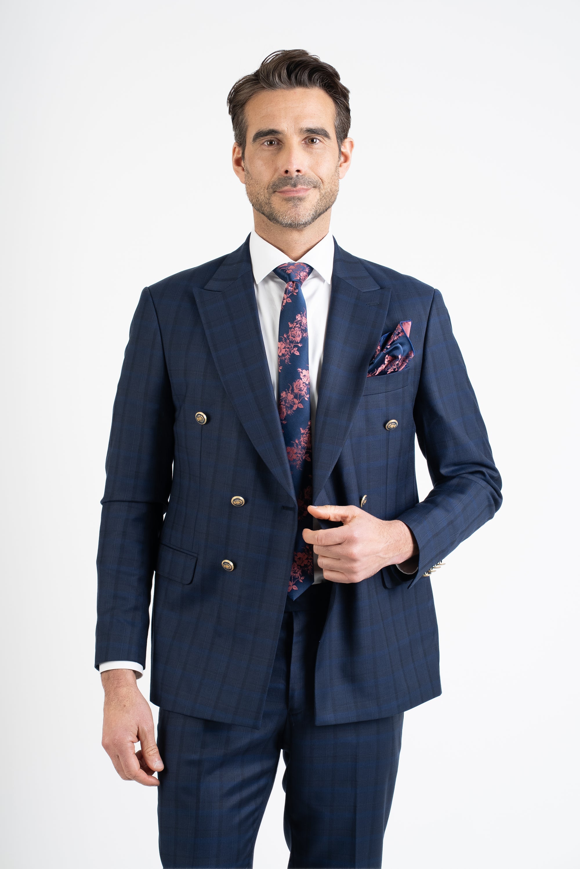 Navy Check Double Breasted Suit