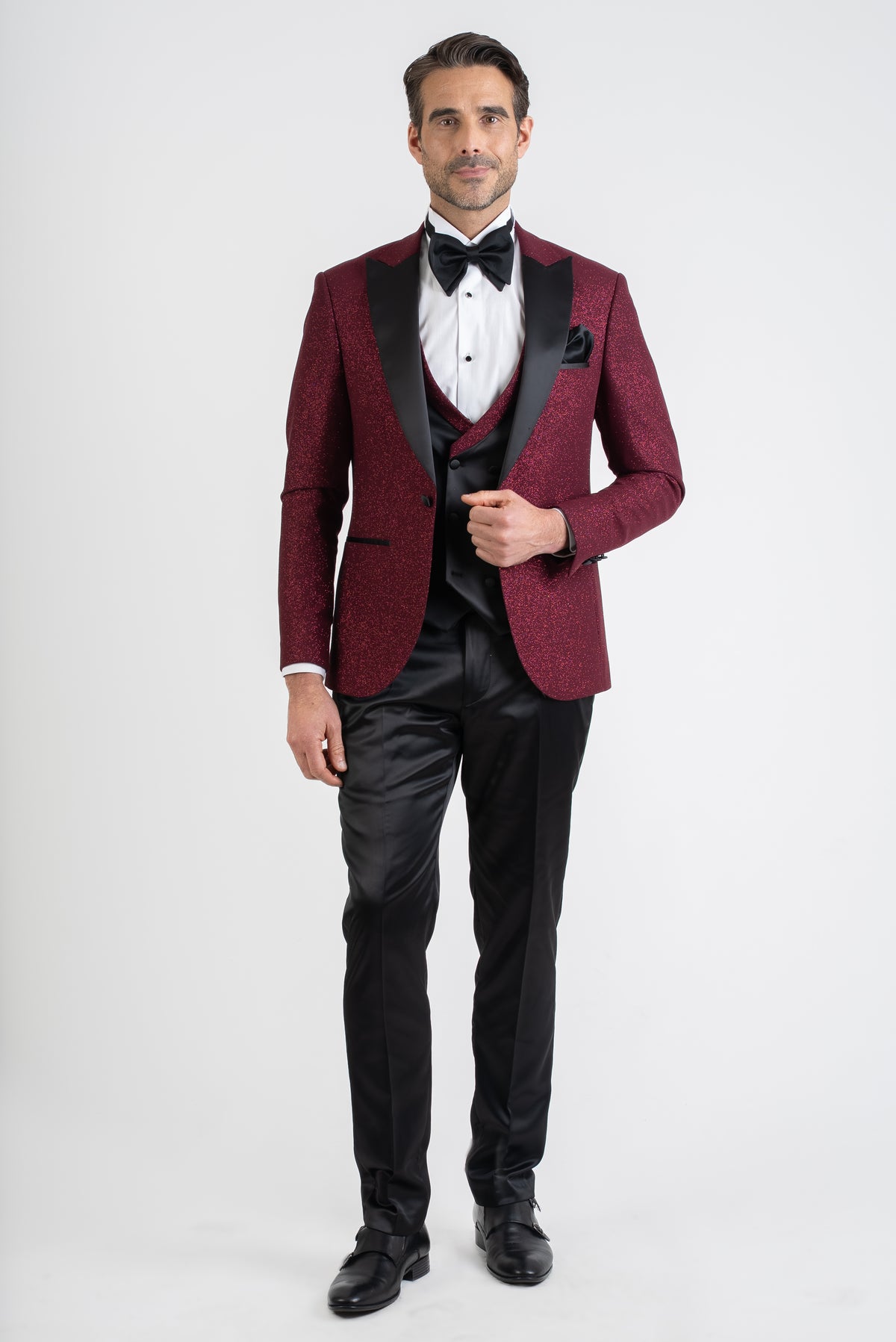 Luxury Burgundy Sparkle Three Piece Tuxedo