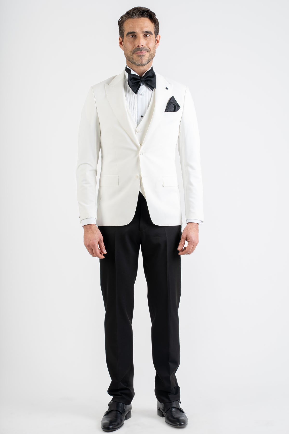 White Three Piece with Black Trousers